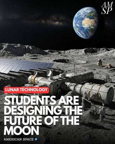 Lunar technology concept featuring a moon base and surface transportation systems